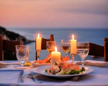 Seafood dinner, food on the table, wine, a candle overlooking the sea in Greece, shrimp, squid, fruit.の素材
