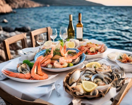 Seafood dinner, food on the table, wine, a candle overlooking the sea in Greece, shrimp, squid, fruit.の素材