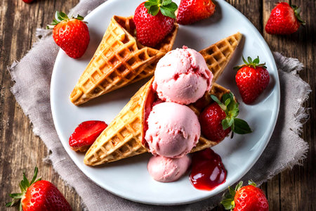 ice cream in a waffle cone with strawberries, berriesの素材