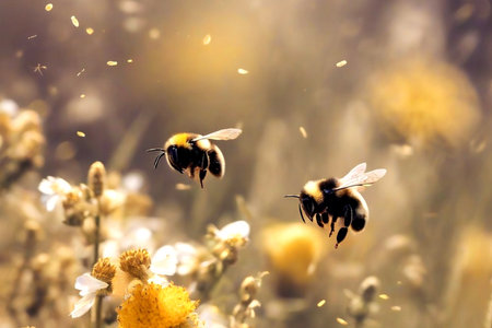 insects bees and bumblebees collect honey and nectar from flowersの素材