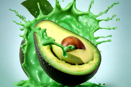 Avocado in juice, splashes of juice from avocado piecesの素材
