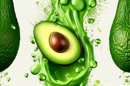 Avocado in juice, splashes of juice from avocado piecesの素材