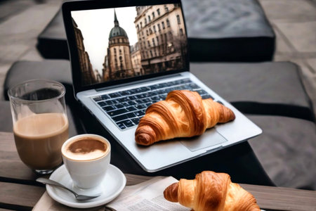 Coffee with croissant on outdoor table, laptopの素材