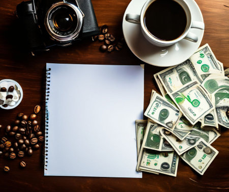 Sheet of paper, money and cup of coffee on the tableの素材