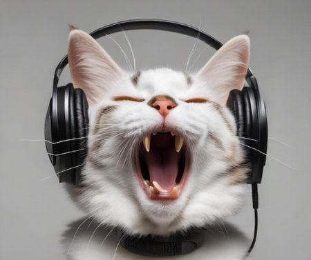 Musical cat in headphones sings in the studioの素材