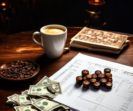 Sheet of paper, money and cup of coffee on the tableの素材