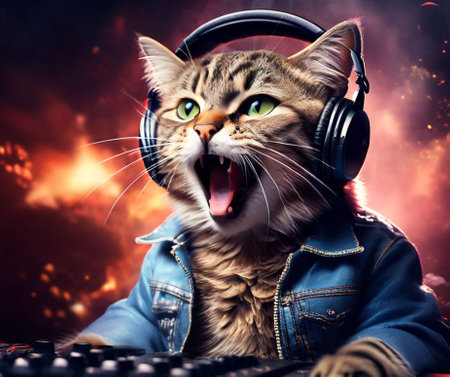 Musical cat in headphones sings in the studioの素材