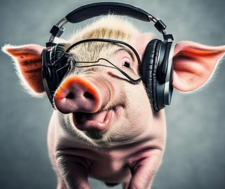 Musical pig in headphones sings in the studioの素材