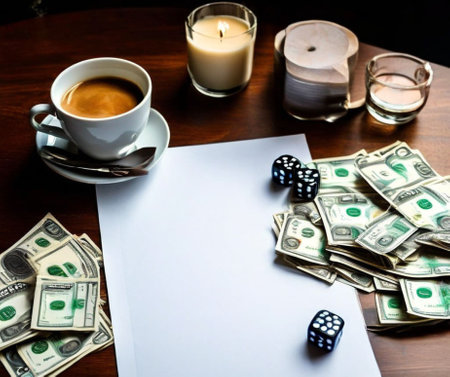 Sheet of paper, money and cup of coffee on the tableの素材