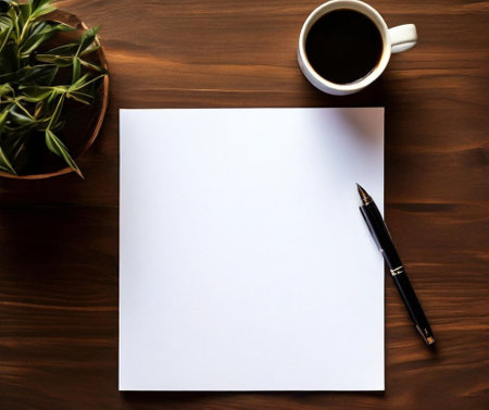 A4 sheet on the table, pen, cup of coffeeの素材