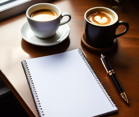 A4 sheet on the table, pen, cup of coffeeの素材