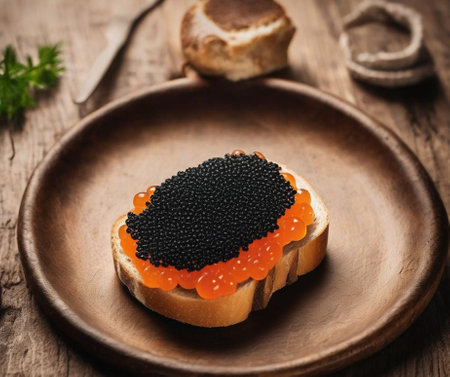 Vodka in a glass and a sandwich with caviar on a wooden tableの素材