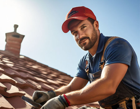 Builders at a construction site are building the wall and roof of a houseの素材