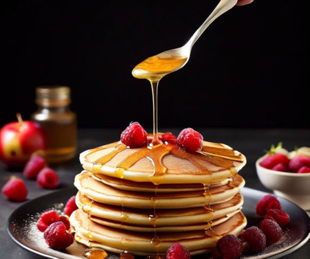 Fried pancake in a frying pan with honey, the arrival of springの素材