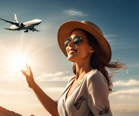 A girl in a hat on the shore waves to an airplane, and a yacht at seaの素材