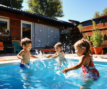 Children play and splash in the pool in the yardの素材