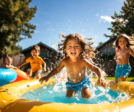 Children play and splash in the pool in the yardの素材