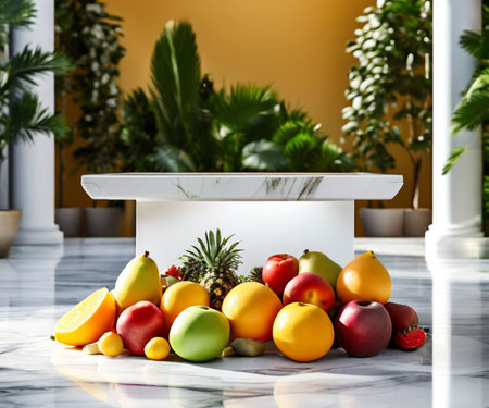 fresh juicy fruits on a marble tableの素材