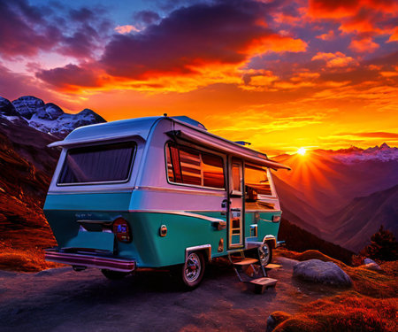 Tourist van in the mountains with mountains in the backgroundの素材