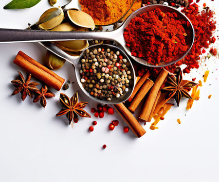 collection of bright colored spices on a white backgroundの素材