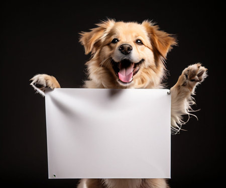 happy puppy holding in his paws a white sheet of paper with space for text on a plain yellow background, advertising banner mockupの素材