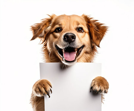 happy puppy holding in his paws a white sheet of paper with space for text on a plain yellow background, advertising banner mockupの素材