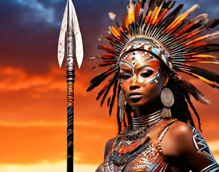 African woman warrior with spear wearing loinclothの素材