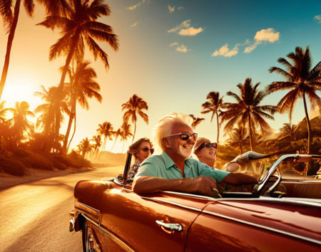 Cheerful pensioners in a convertible having fun at the resortの素材