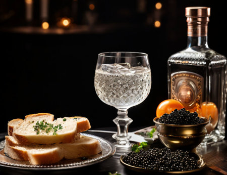 Russian vodka and caviar with bread, vodka in a glassの素材