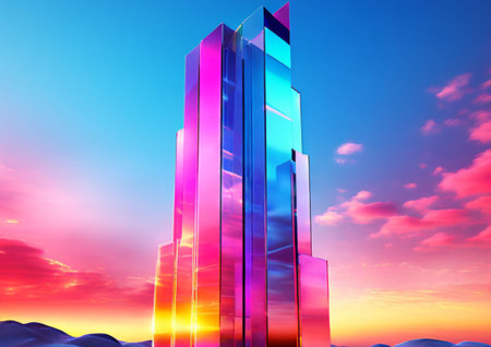 Large neon skyscrapers rise into the sky, futuristic landscapeの素材