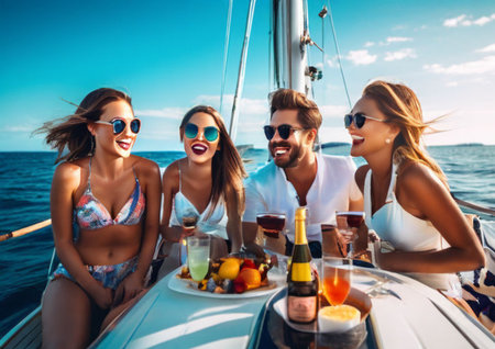 The company on the yacht is having fun, champagne in handsの素材