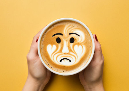 Cup of delicious hot coffee with foam and smile on color background, top view. Happy morning, good mood, inspirationの素材