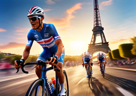 Olympic Games 2024. Eiffel Tower and the inscription Paris 2024 with Olympic rings. Symbol, vectorの素材