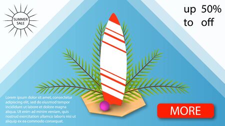 Summer sale and discount week, creative web banner for your design with palm leaves, ball and surfboard.のイラスト素材