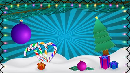 Merry Christmas and Happy New Year background. Winter landscape with garland, pine, branches, gifts, candy, christmas balls and snowdrifts.のイラスト素材