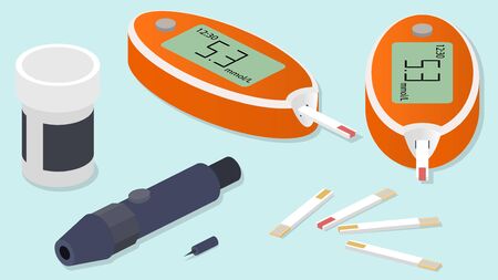 Isometric vector diabetes diagnostic set. Glucometer, test strips and lancet.のイラスト素材