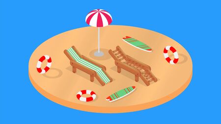 Isometric summer composition. Background with surfboards, umbrella, deck chairs, and lifebuoys. Vector illustrationのイラスト素材