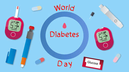 World Diabetes Day design concept. Colorful glucometers, insulin pen, lancets and test strips.のイラスト素材