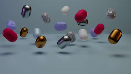 3d render of floating colorful spheres. Abstract background with golden, silver, plastik, marble and...