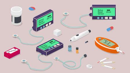 Isometric diabetes equipment set with insulin pump, glucometer, test strips, catheter, battery, reservoir, lancet and glucose.のイラスト素材