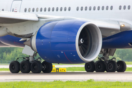 Engine and Chassis of the modern passenger jet aircraft. Engine nacelle, intake air, fan blades and...