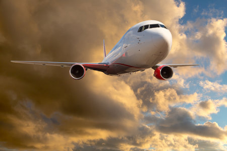 Passenger plane in the sunset sky. Aircraft flying high above the clouds.の写真素材