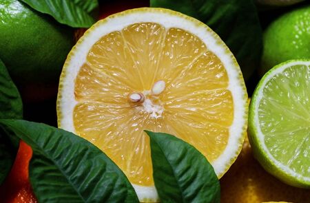 Fruit background. Lemon and lime close-up, macro. Fresh ripe fruit mix. Fruit pattern and texture....