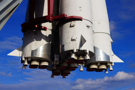 Russia, Moscow, August 2019: a view from below of the red engines of the Soviet expandable Vostok...