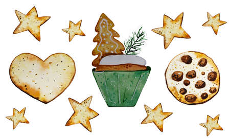 Watercolor Christmas cookie illustration on a white background. Hand-drawn watercolor set new year's cookies. Christmas background. Isolate. Watercolor texture.の写真素材
