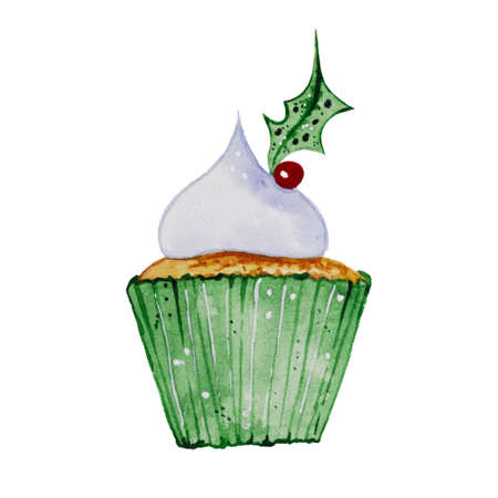 Christmas watercolor illustration of a cupcake on a white background. Hand-drawn watercolor sweet Christmas cupcake. Christmas background. Isolate. Watercolor texture.の写真素材