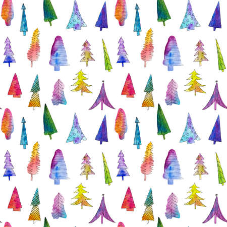 Watercolor Christmas trees seamless pattern. Hand drawn watercolor Christmas illustrations of colorful Christmas trees isolated on white background. Christmas background.の写真素材