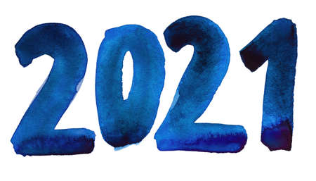 Hand-drawn blue watercolor sign 2021 on a white background. New Year eve illustration of number 2021...