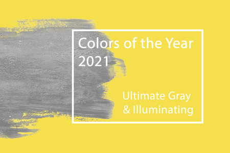 Colors of the year 2021 Ultimate Gray and Illuminating background. Copy space. Trendy fashion Ultimate Gray paint sample on a Illuminating background. Prediction of popular colors in 2021.の写真素材
