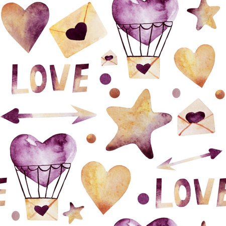 Watercolor seamless pattern valentine's day. Hand-drawn watercolor hearts, balloons and letters are a symbol of love. Postcard for February 14 Valentine's Day. Watercolor illustration for the holiday of lovers.の写真素材